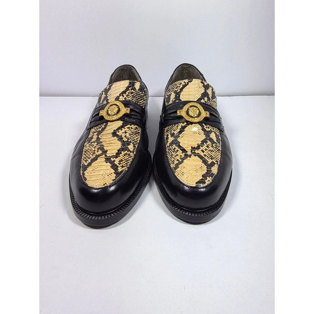 Stacy Adams Black & Genuine Snake Loafers Size 10M Gold Medallion Dress Shoes